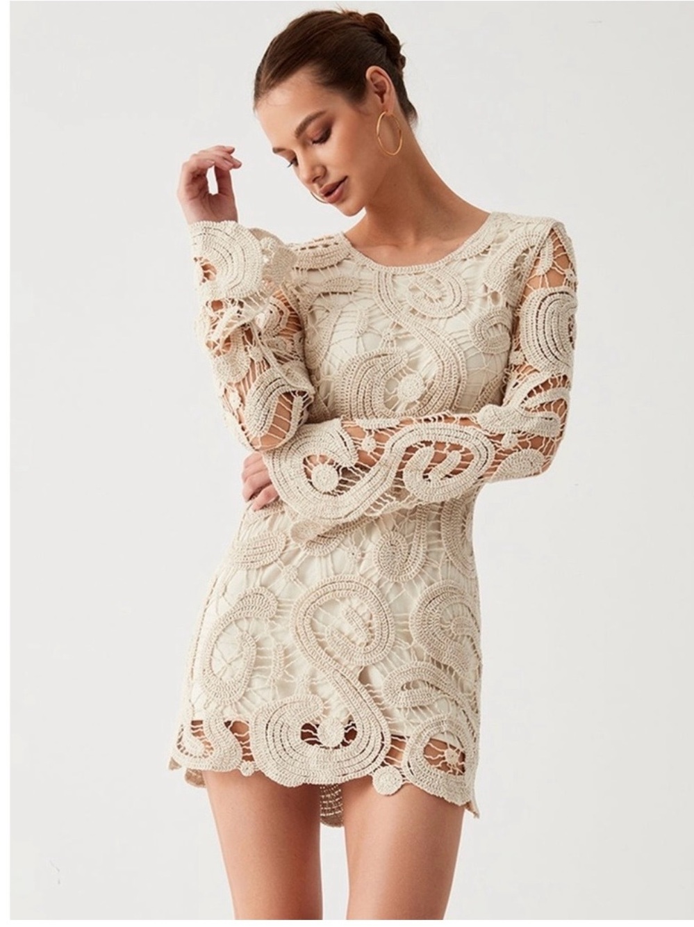 Commense Cream Crochet Long-Sleeve Mini Dress